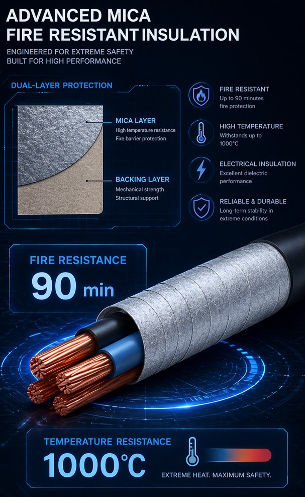 Mica fire-resistant cable close-up - multi-layer mica tape wrapping around copper conductor for circuit integrity under fire